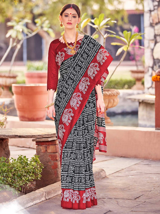 Charcoal Black Printed Bagh Silk Saree