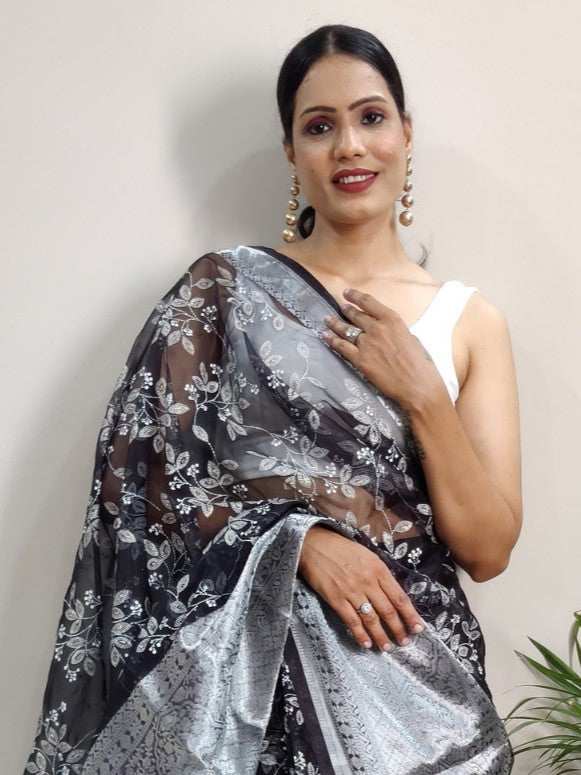 Coal Black Botanical Organza Saree