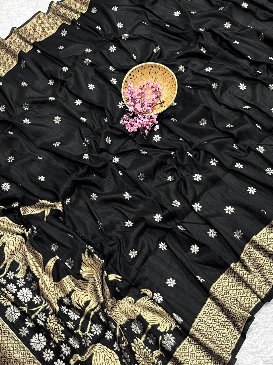 Coal Black Kosa Silk Saree