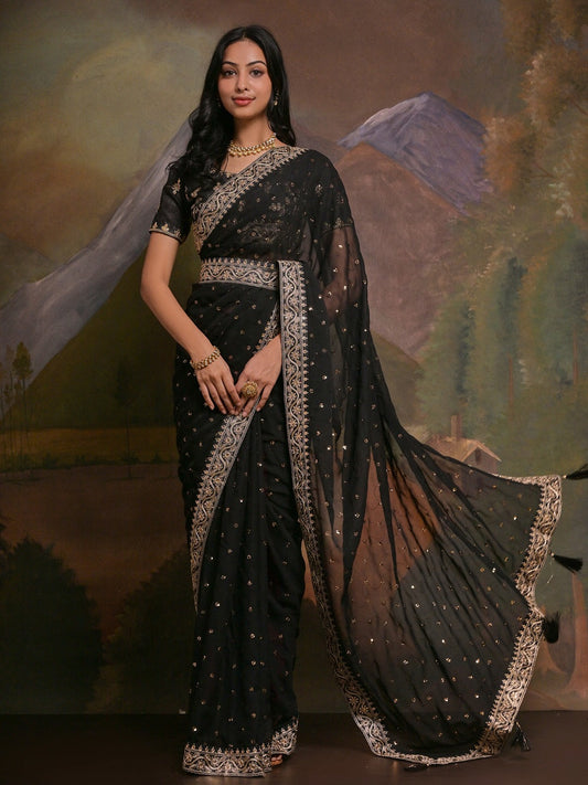 Coal Black Georgette Saree