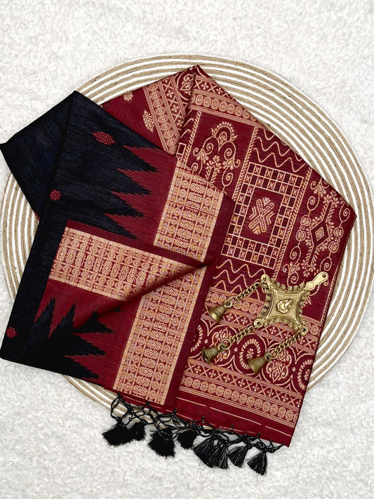 Coal Black Desi Tussar Silk Saree