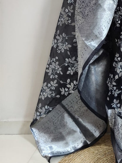 Coal Black Botanical Organza Saree