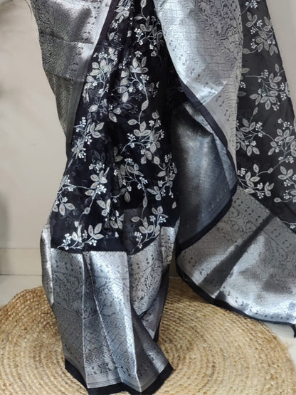 Coal Black Botanical Organza Saree