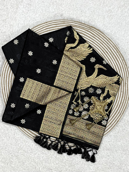 Coal Black Kosa Silk Saree
