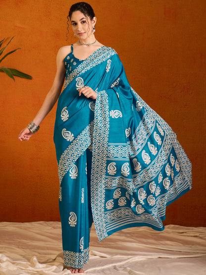 Cobalt Blue Printed Bagru Cotton Saree