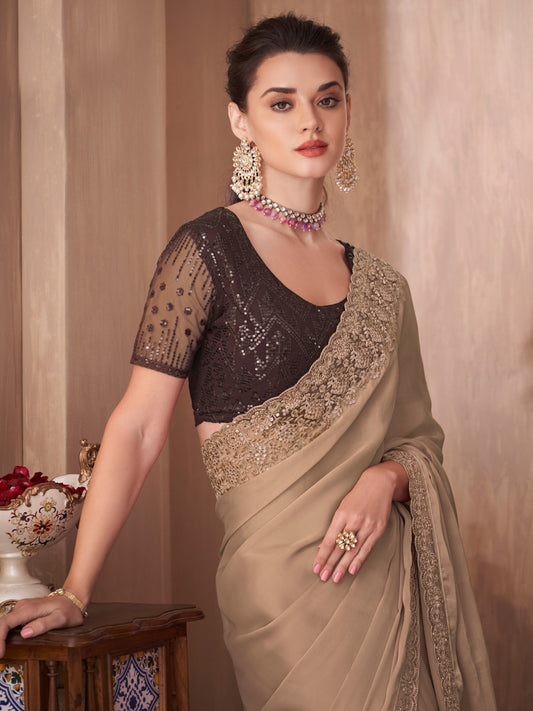 Coffee Brown Sequins Silk Saree