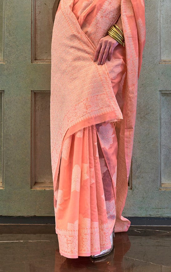 Coral Pink Cotton Linen Saree