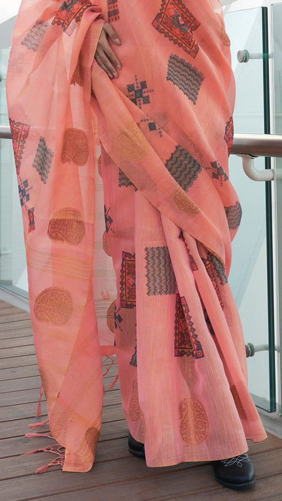 Coral Pink Woven Tissue Silk Saree