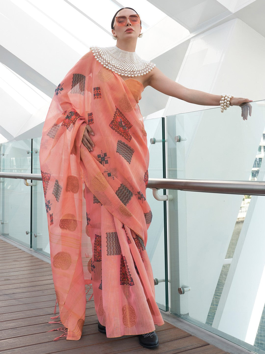 Coral Pink Woven Tissue Silk Saree