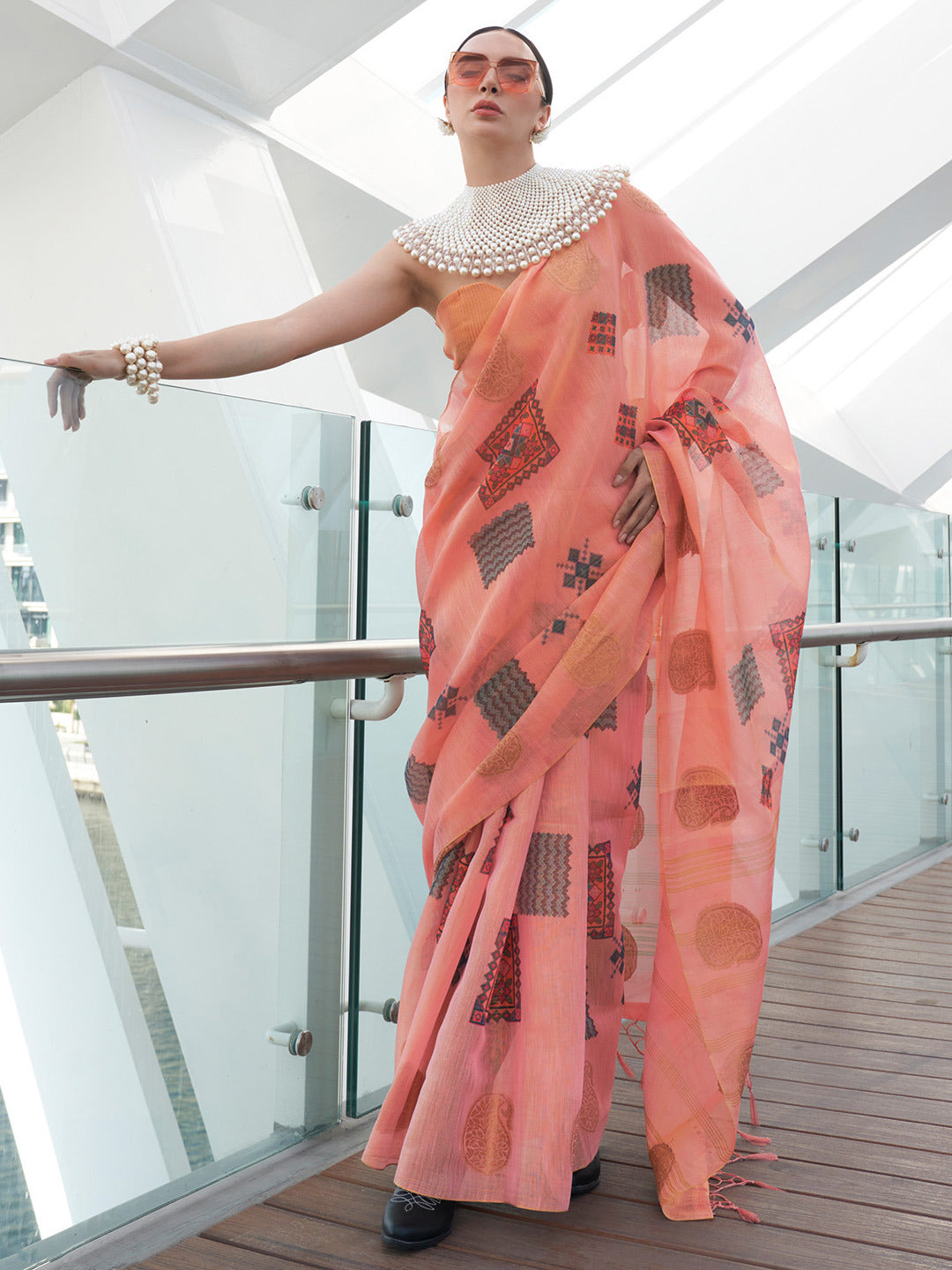 Coral Pink Woven Tissue Silk Saree