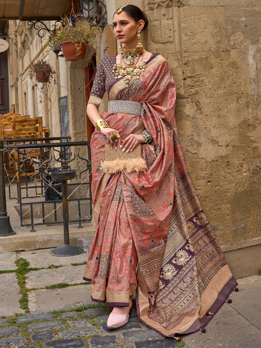 Coral Pink Woven Silk Saree