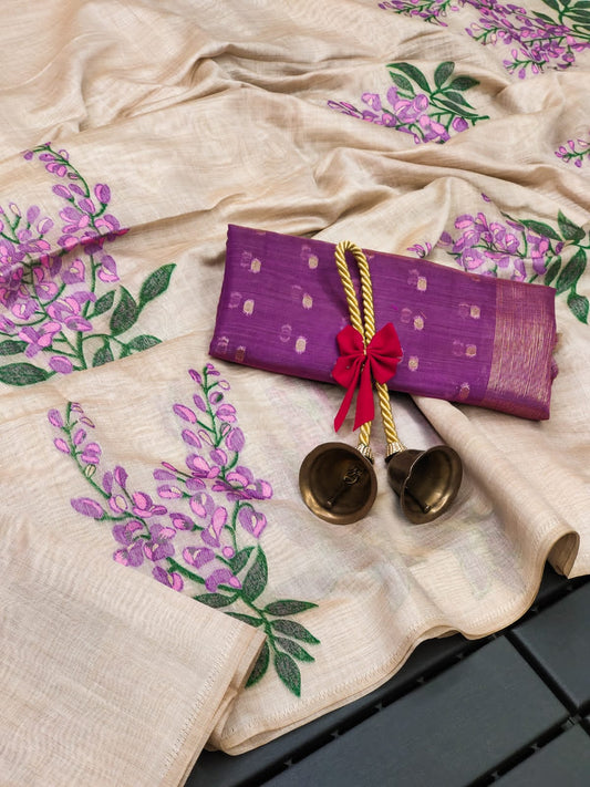 Cream White & Lilac Muga Cotton Saree