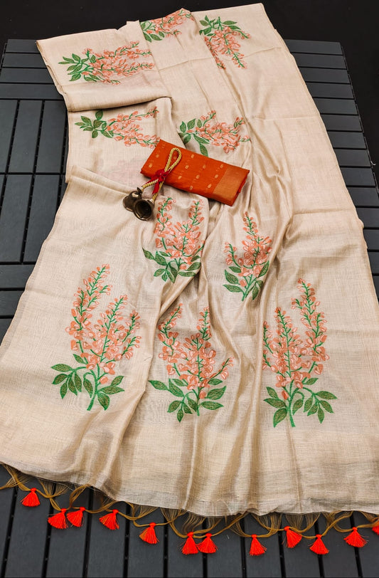 Cream White & Floral Muga Cotton Saree