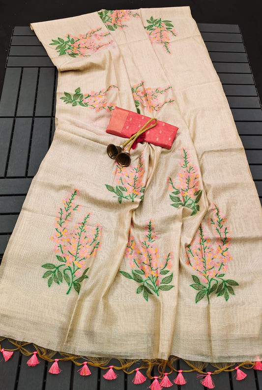 Cream White & Rose Pink Floral Muga Cotton Saree