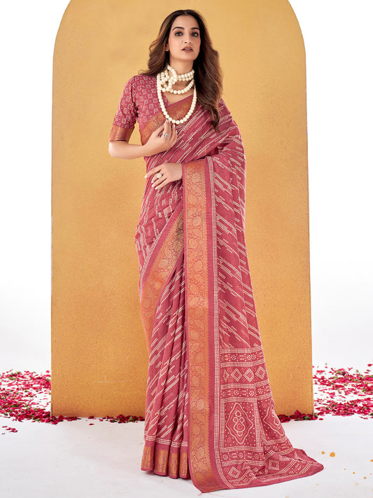 Creamy Pink Printed Sungudi Dola Silk Saree