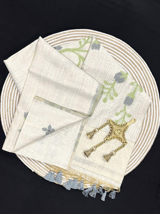 Daisy White & Grey Muga Cotton Saree