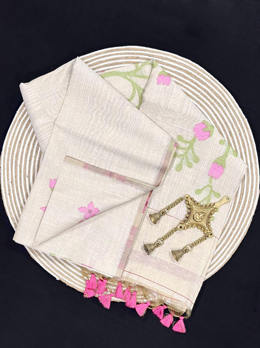 Daisy White & Light Pink Muga Cotton Saree