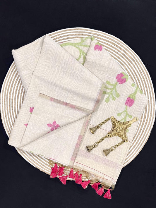 Daisy White & Pink Muga Cotton Saree