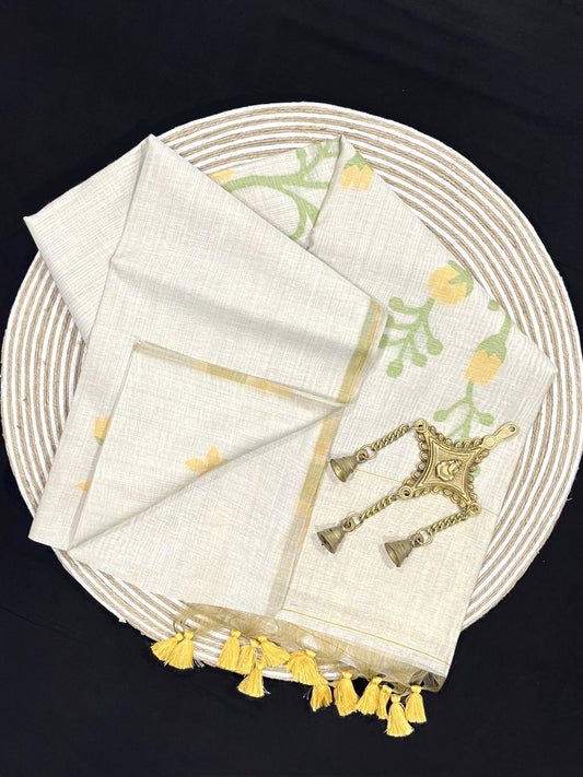 Daisy White & Yellow Muga Cotton Saree