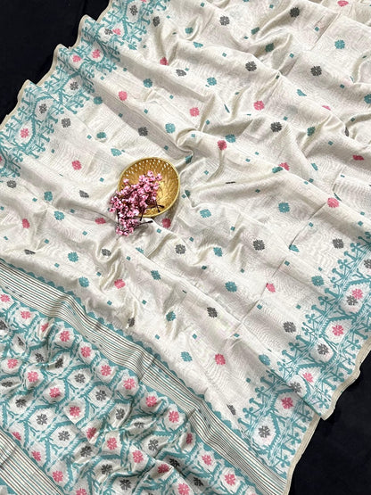 Daisy white & Blue Kovai Cotton Jamdani saree