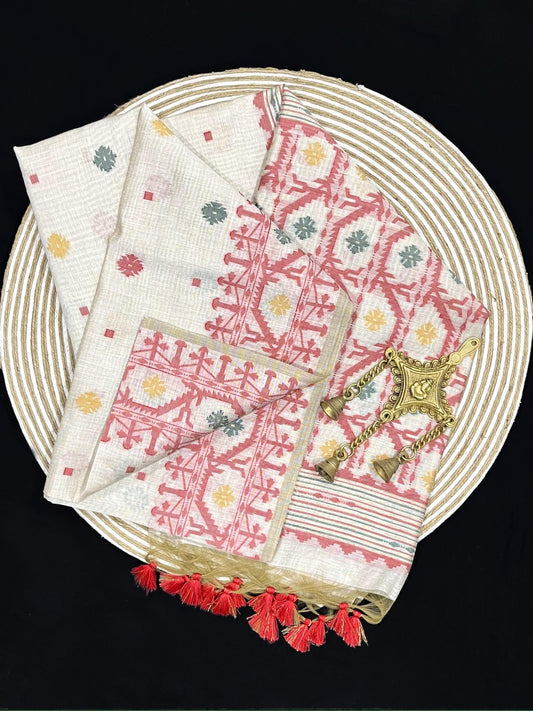 Daisy white & Brick Red Kovai Cotton Jamdani saree
