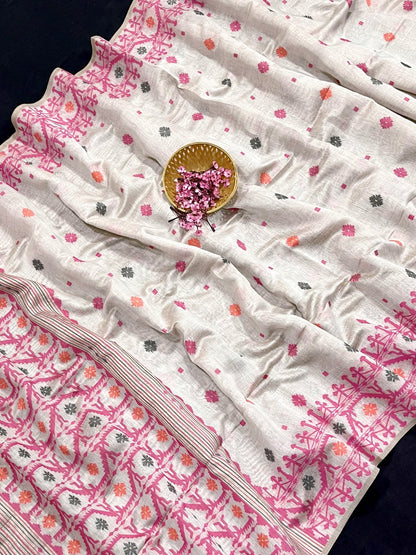 Daisy white & Pink Kovai Cotton Jamdani saree