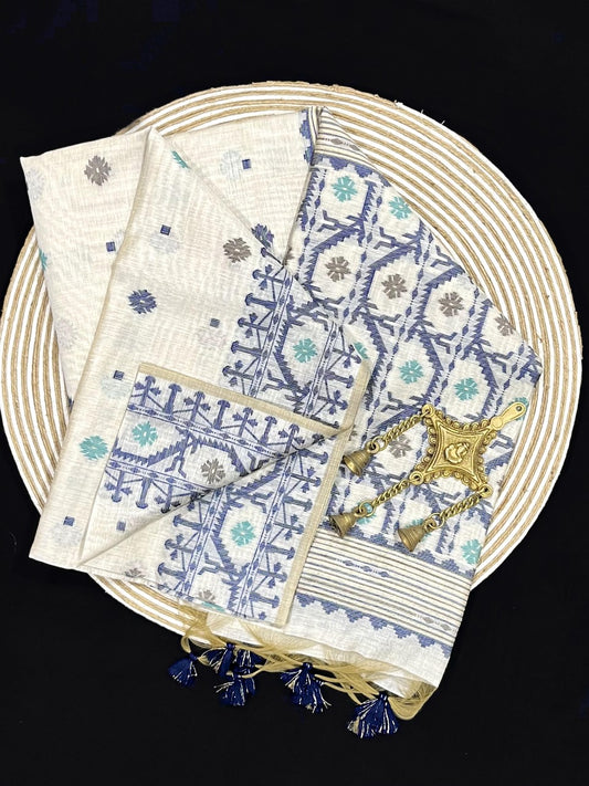 Daisy white & Purple Kovai Cotton Jamdani saree