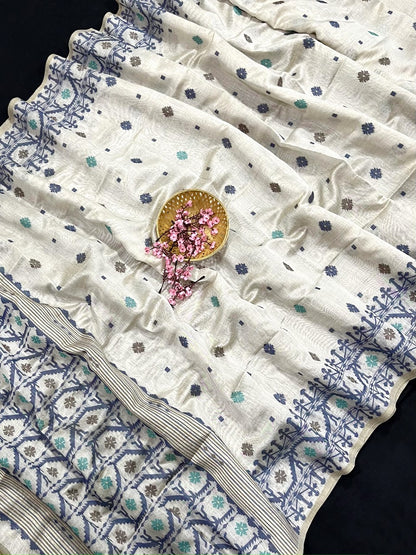 Daisy white & Purple Kovai Cotton Jamdani saree