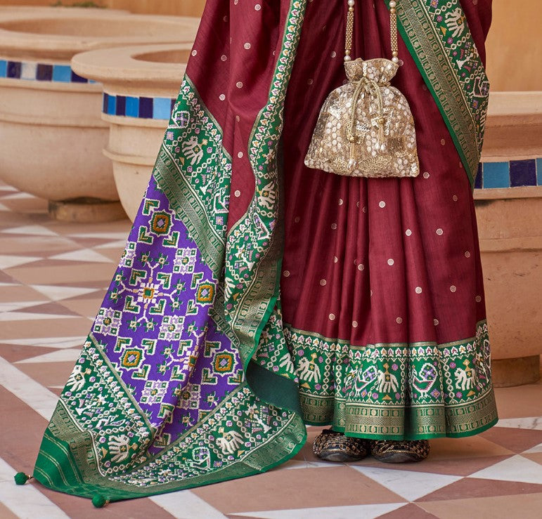 Dark Maroon Woven Patola Silk Saree