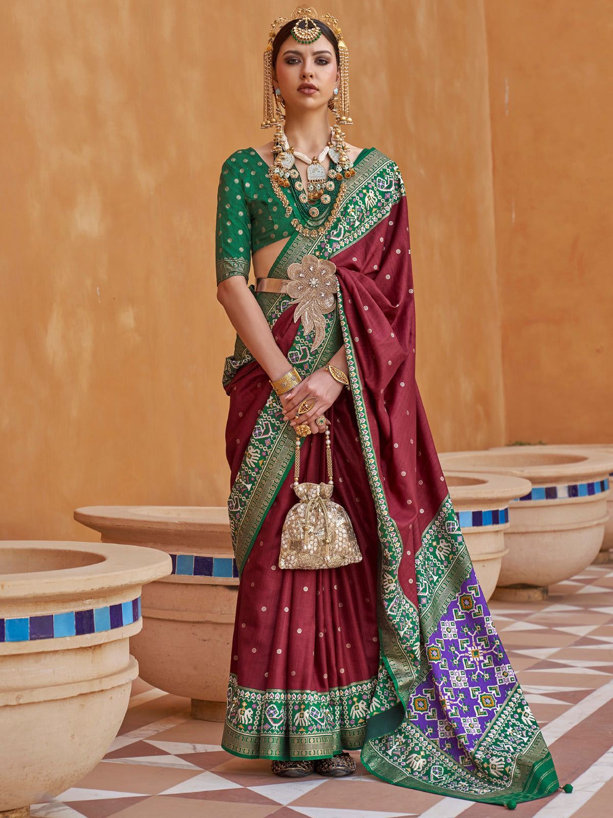 Dark Maroon Woven Patola Silk Saree