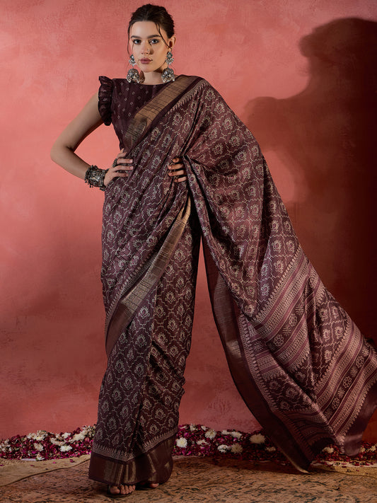 Syrup Brown Printed Sungudi Silk Saree