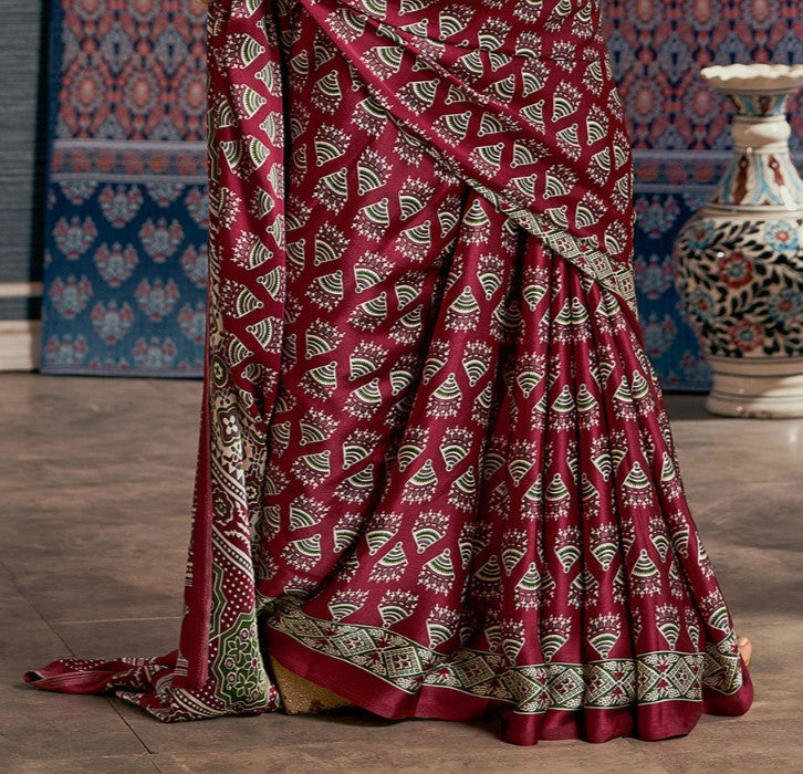 Leaf Green Ajrak Crepe Saree