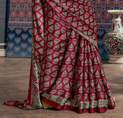 Leaf Green Ajrak Crepe Saree