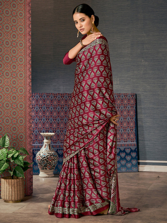 Leaf Green Ajrak Crepe Saree