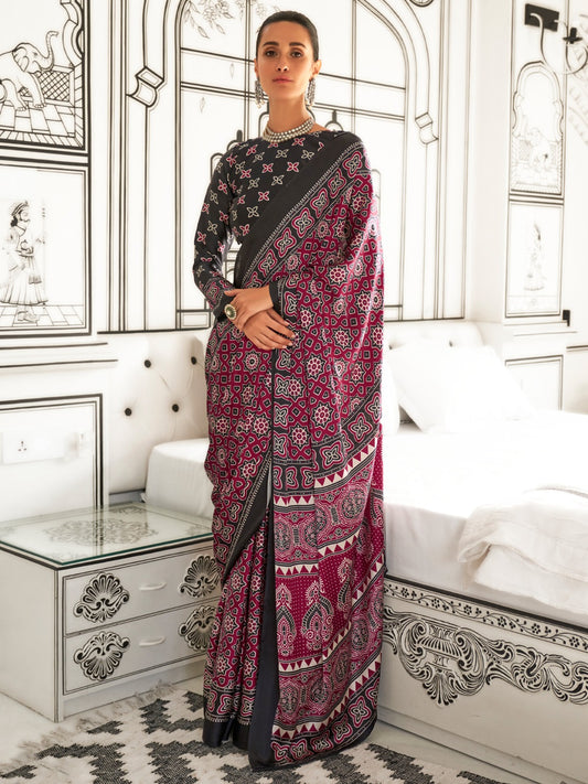 Dark Pink Printed Crepe Saree