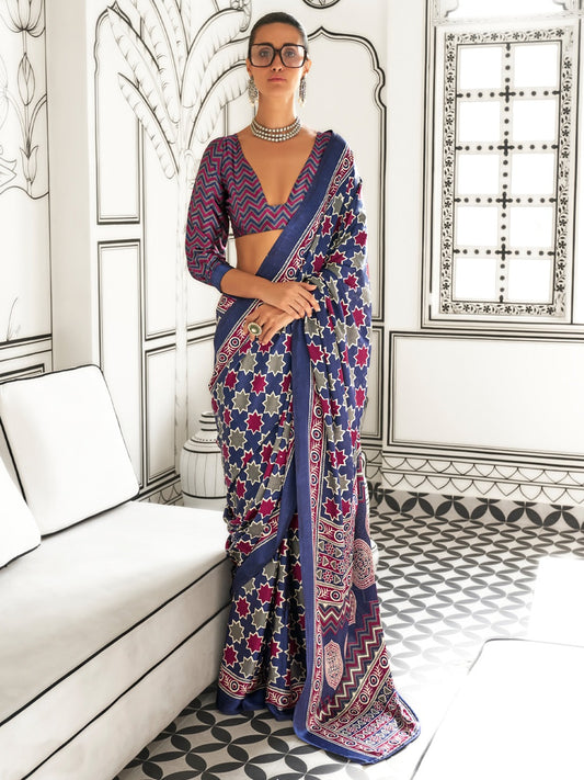 Dusky Blue Printed Crepe Saree