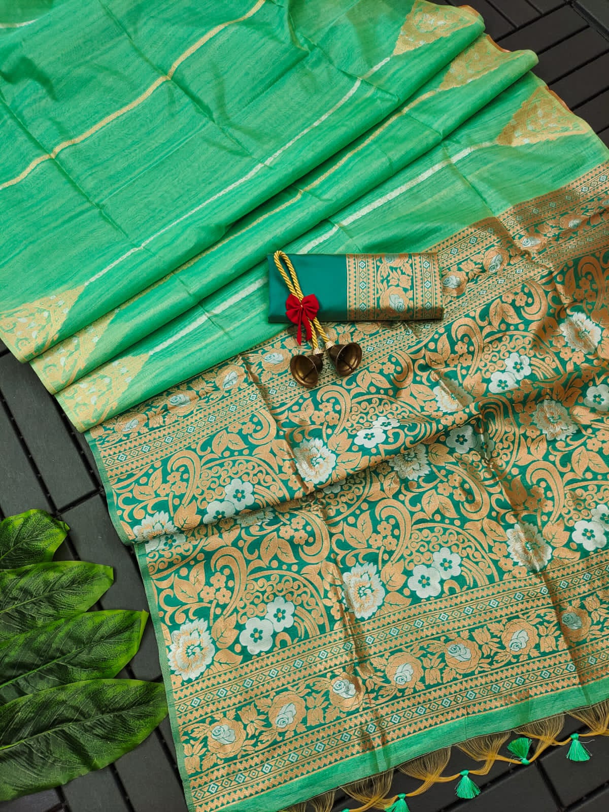 Emerald Green Tussar Silk Saree