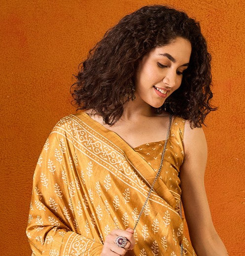 Fire Yellow Printed Bagh Cotton Saree