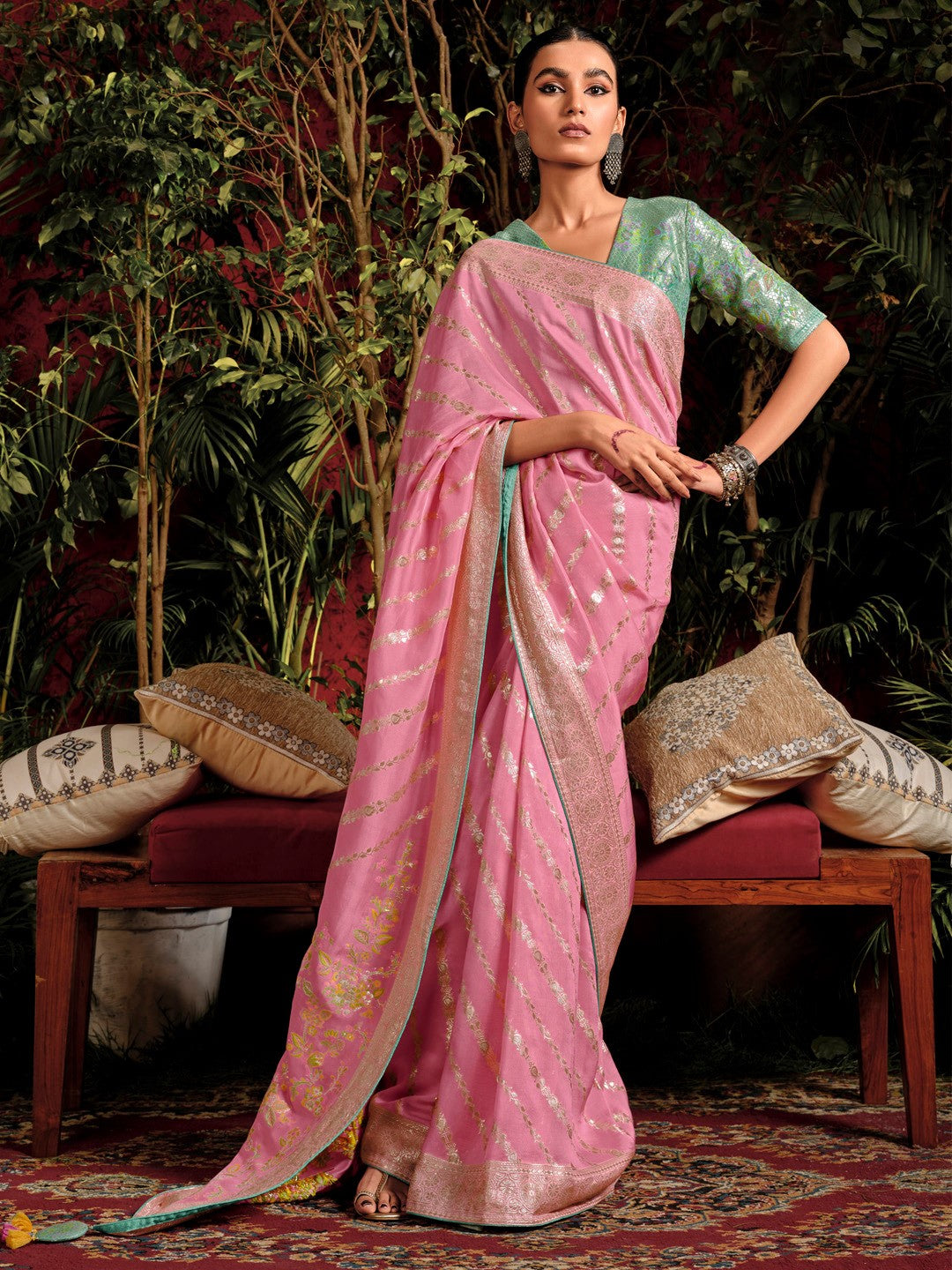 Flamingo Pink Woven Banarasi Mulberry Silk Saree