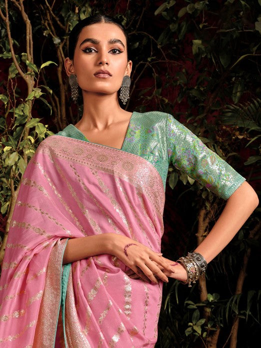Flamingo Pink Woven Banarasi Mulberry Silk Saree