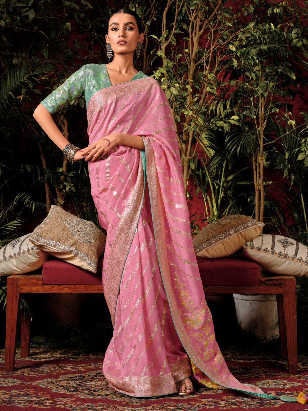 Flamingo Pink Woven Banarasi Mulberry Silk Saree