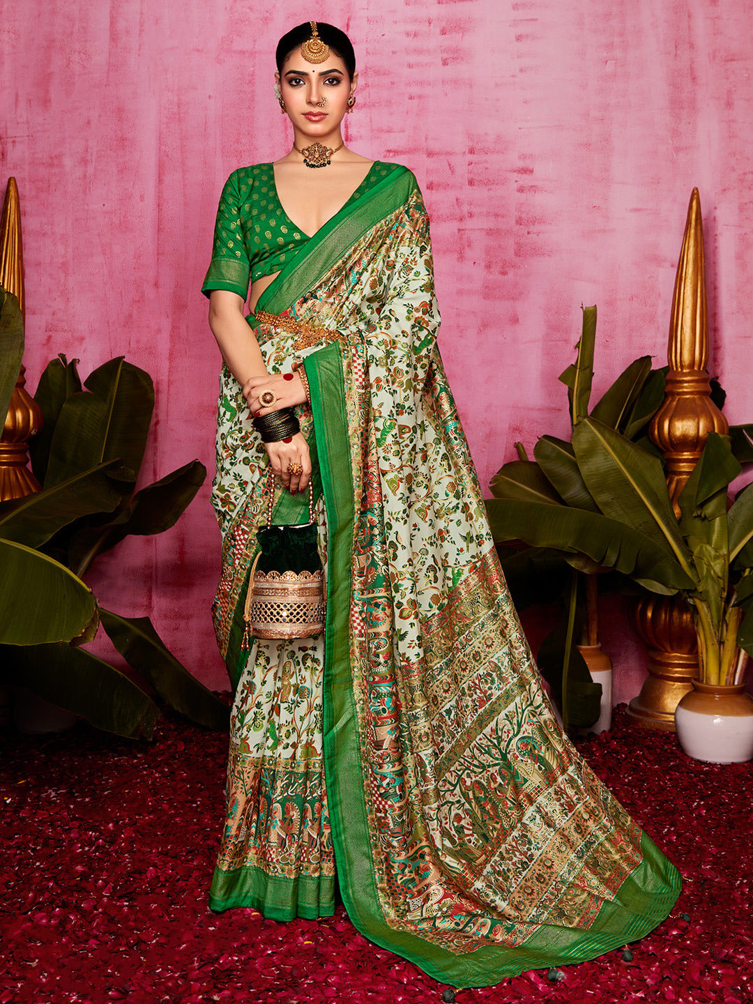 Forest Green Tussar Silk Sungudi Saree