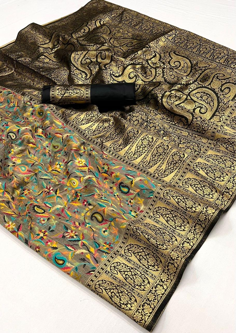 Golden Yellow Kashmiri Handloom Silk Saree