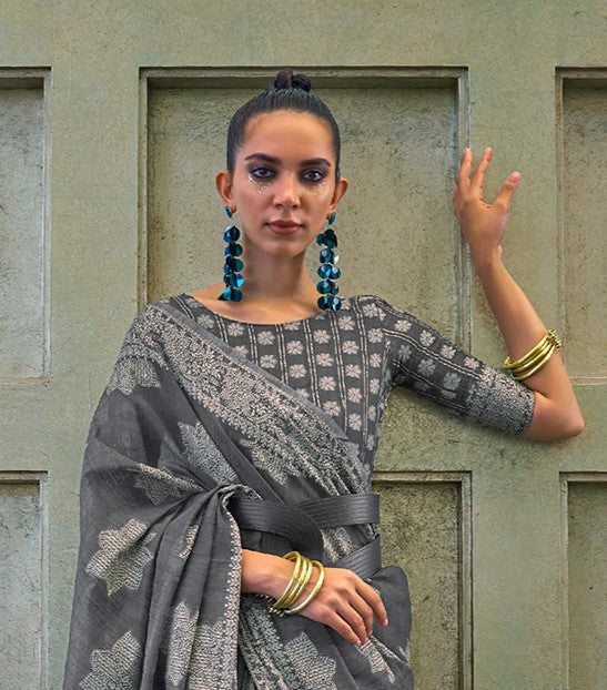 Graphite Grey Cotton Linen Saree