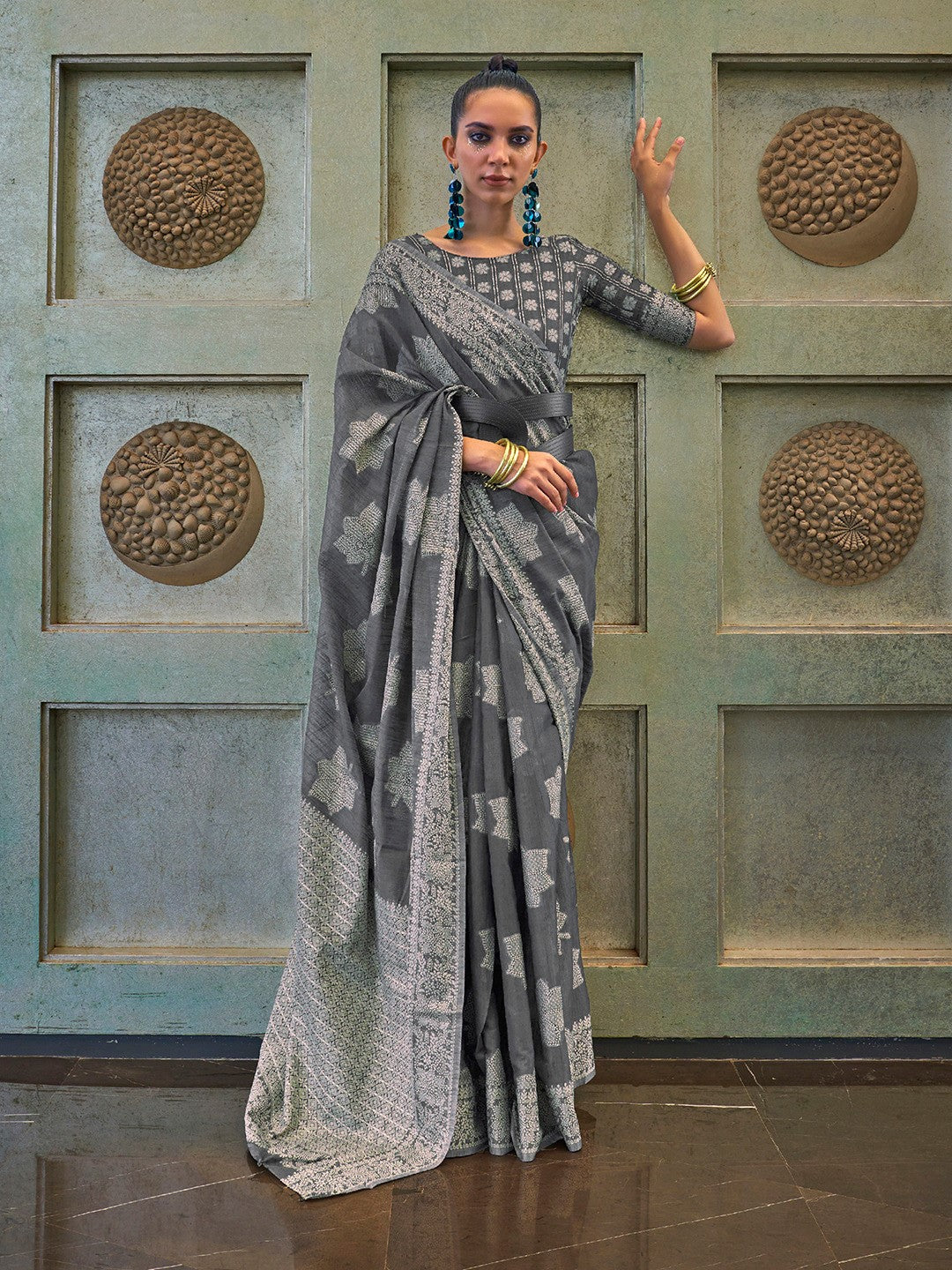 Graphite Grey Cotton Linen Saree