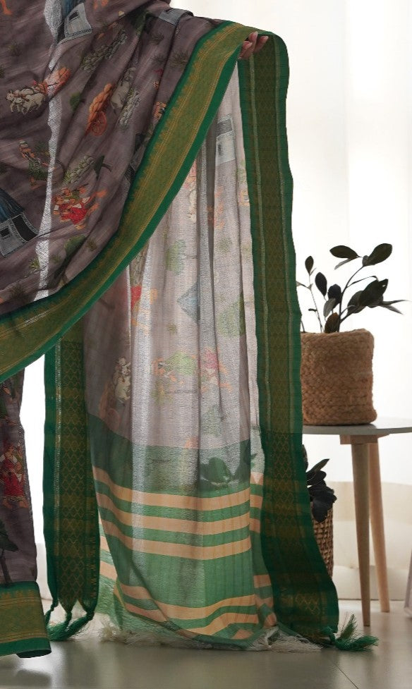 Graphite Grey Printed Silk Saree