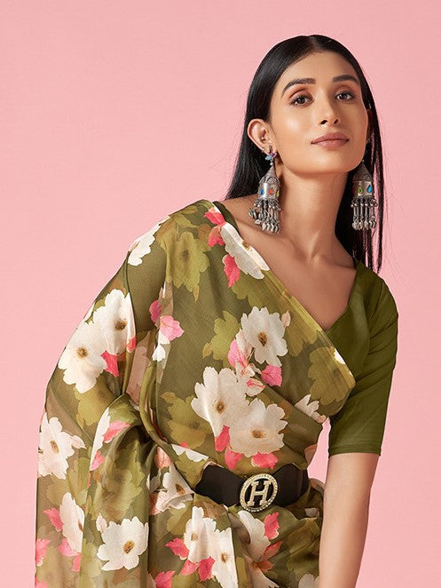 Green Floral Organza Saree