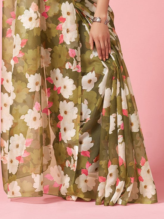Green Floral Organza Saree