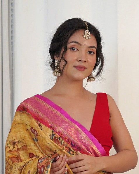 Honey Yellow Printed Silk Saree
