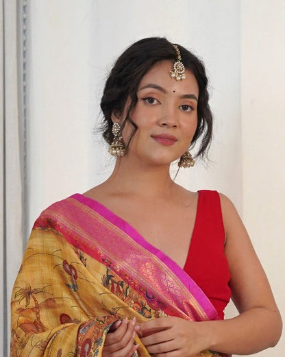 Honey Yellow Printed Silk Saree